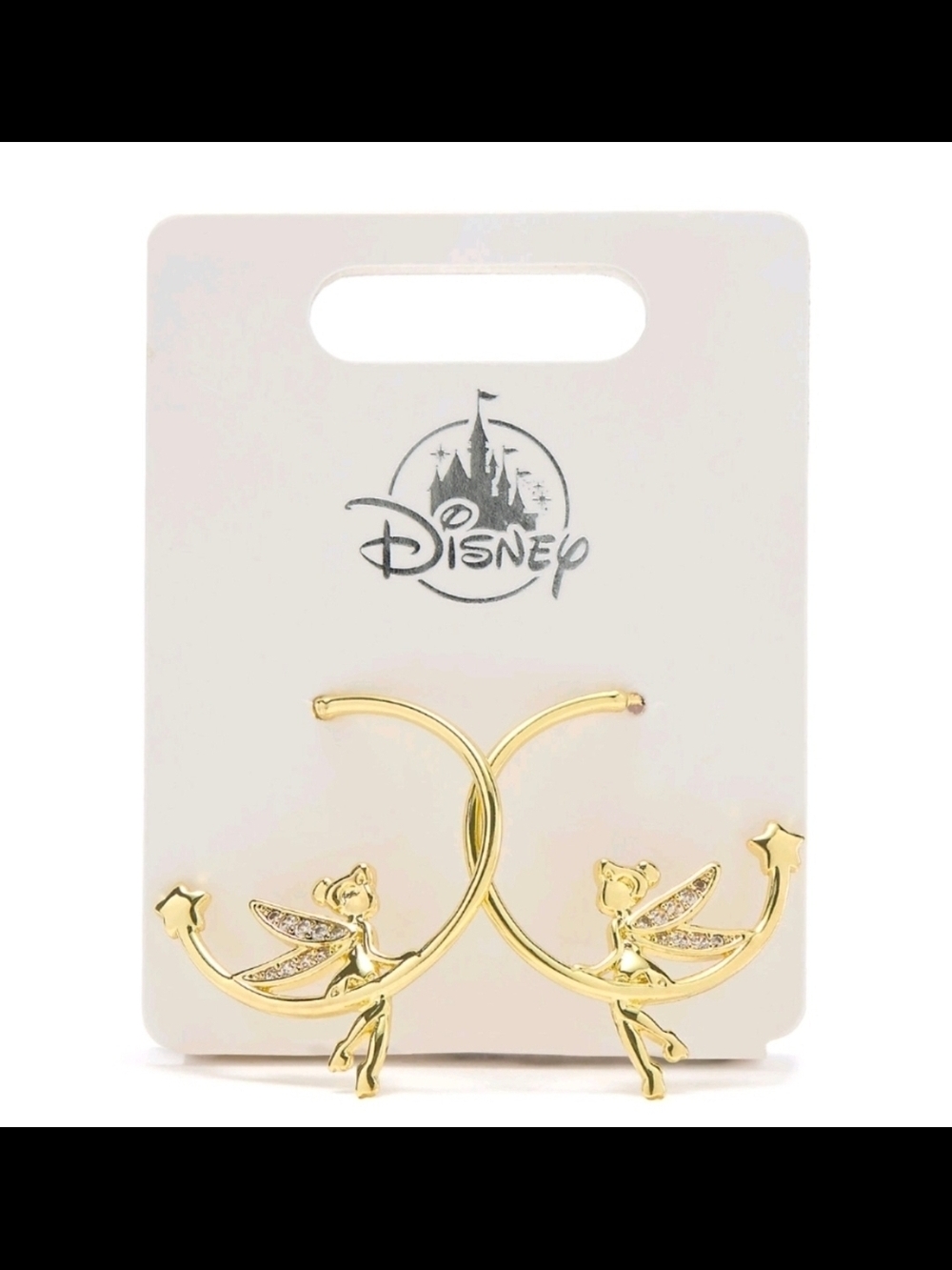 DISNEY TINKERBELL HALF HOOP EARRINGS WITH CUBIC ZIRCONIA GOLD TONE POST BACK NWT